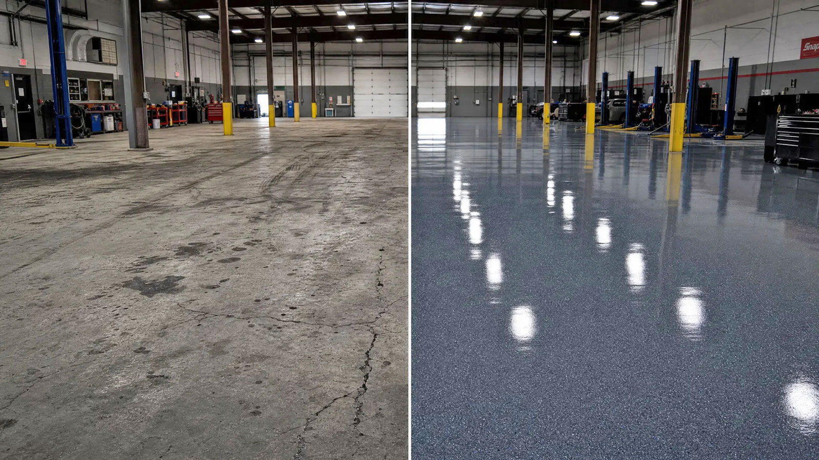 Commercial floor coating before and after — auto shop in Cibolo TX